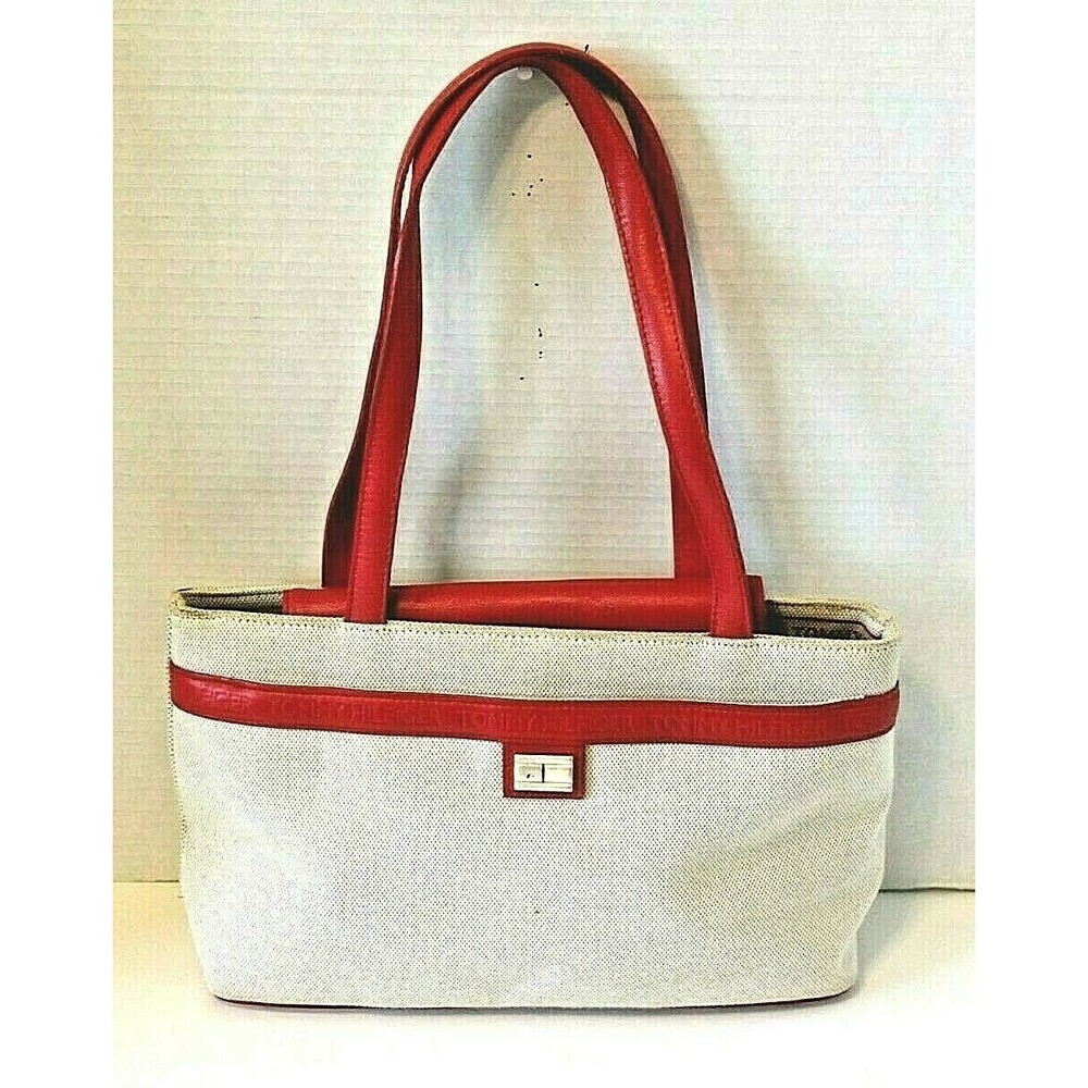 Tommy Hilfiger Purse Vintage Tan Red Canvas Leather Womens Handbag - Picture 2 of 11